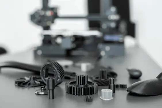 Favism3D: Impresión 3D con ABS para piezas industriales, prototipos resistentes y componentes funcionales. Varias piezas y engranajes industriales impresos en 3D con filamento ABS negro, con una impresora 3D al fondo.