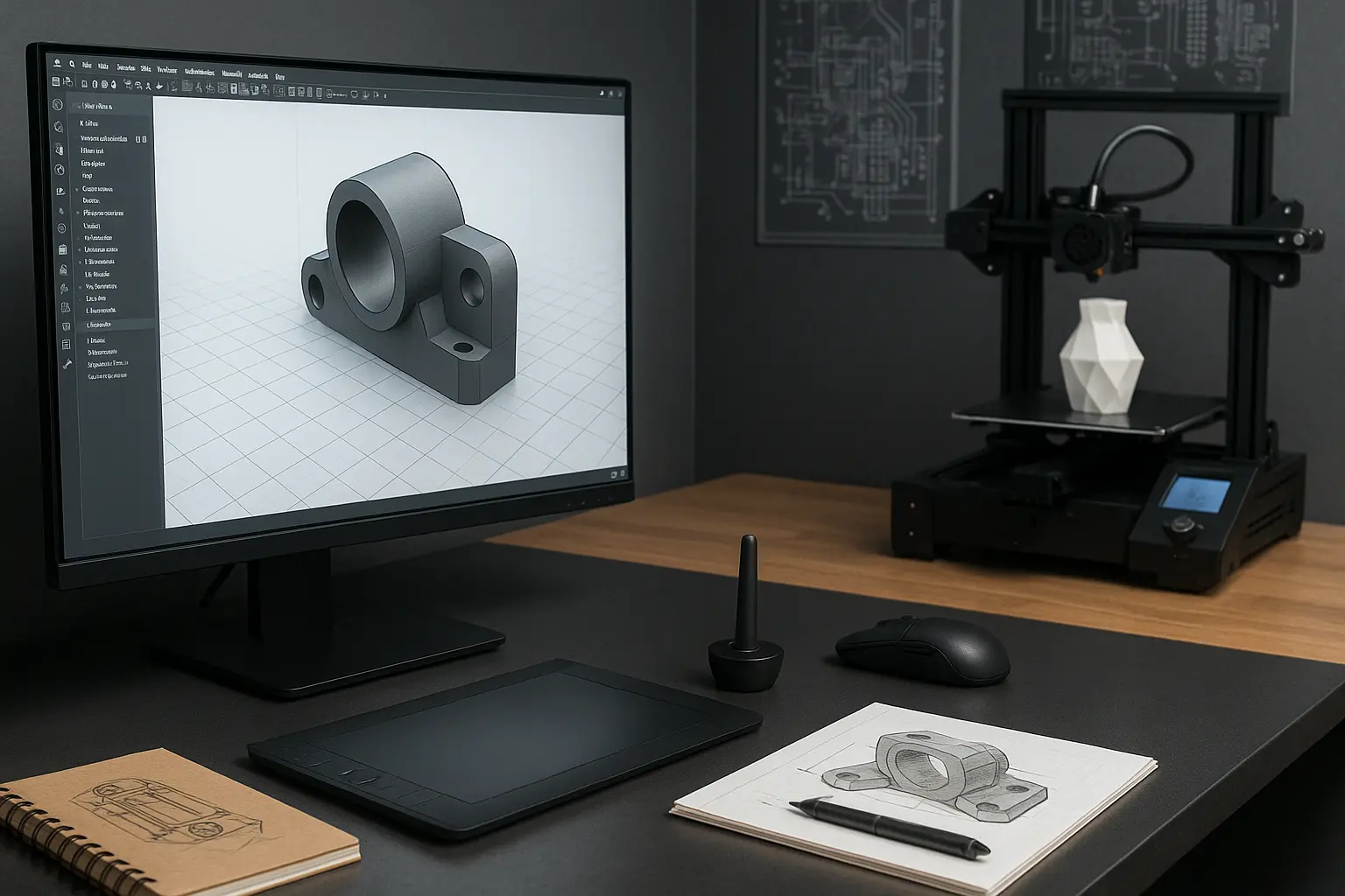 Favism3D: Servicios completos de diseño 3D, modelado, prototipado e impresión para tus ideas. Estación de diseño 3D con software CAD y impresora 3D, mostrando el proceso completo de modelado y prototipado.