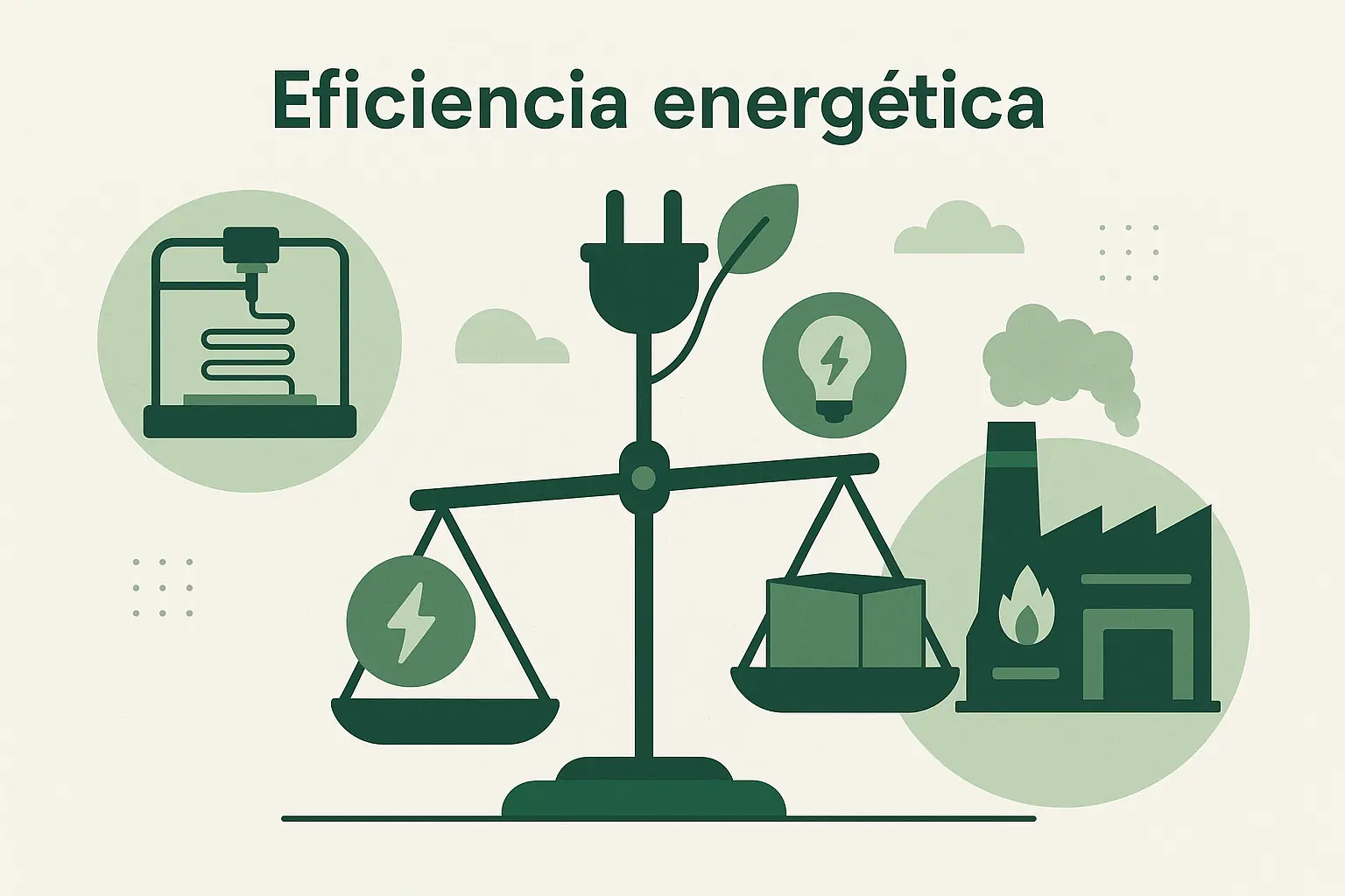Favism3D: Promoviendo la eficiencia energética y el bajo consumo en la fabricación digital con impresión 3D. Gráfico de balanza sobre eficiencia energética, comparando producción con impresora 3D y energía verde frente a fábrica tradicional.