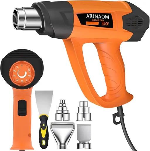 Pistola de aire caliente con control de temperatura y boquillas para alisar piezas, termoencoger fundas y retirar soportes con seguridad.