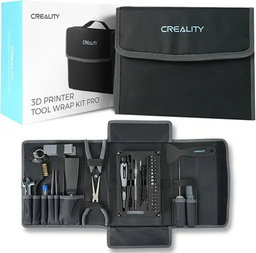 Set completo en estuche plegable con espátulas, alicates, llaves y puntas; ideal para montaje, mantenimiento y posprocesado de impresiones 3D.