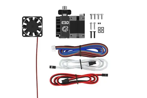 Extrusor directo E3D Hemera XS con kit de instalación para impresora 3D Kit completo del extrusor directo E3D Hemera XS, incluye ventilador, cables y tornillería para mejorar precisión y compatibilidad con filamentos flexibles en impresoras 3D.