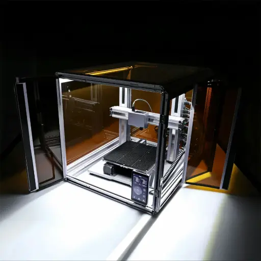 Fotografía de una impresora 3D en un enclosure de aluminio y metacrilato, ideal para reducir vibraciones, mantener la temperatura y disminuir el ruido durante la impresión.