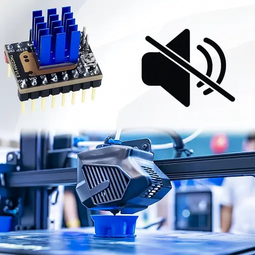 Imagen de un driver TMC para impresoras 3D con disipador azul junto a una impresora en acción, ideal para guías sobre cómo reducir el ruido en impresión 3D.