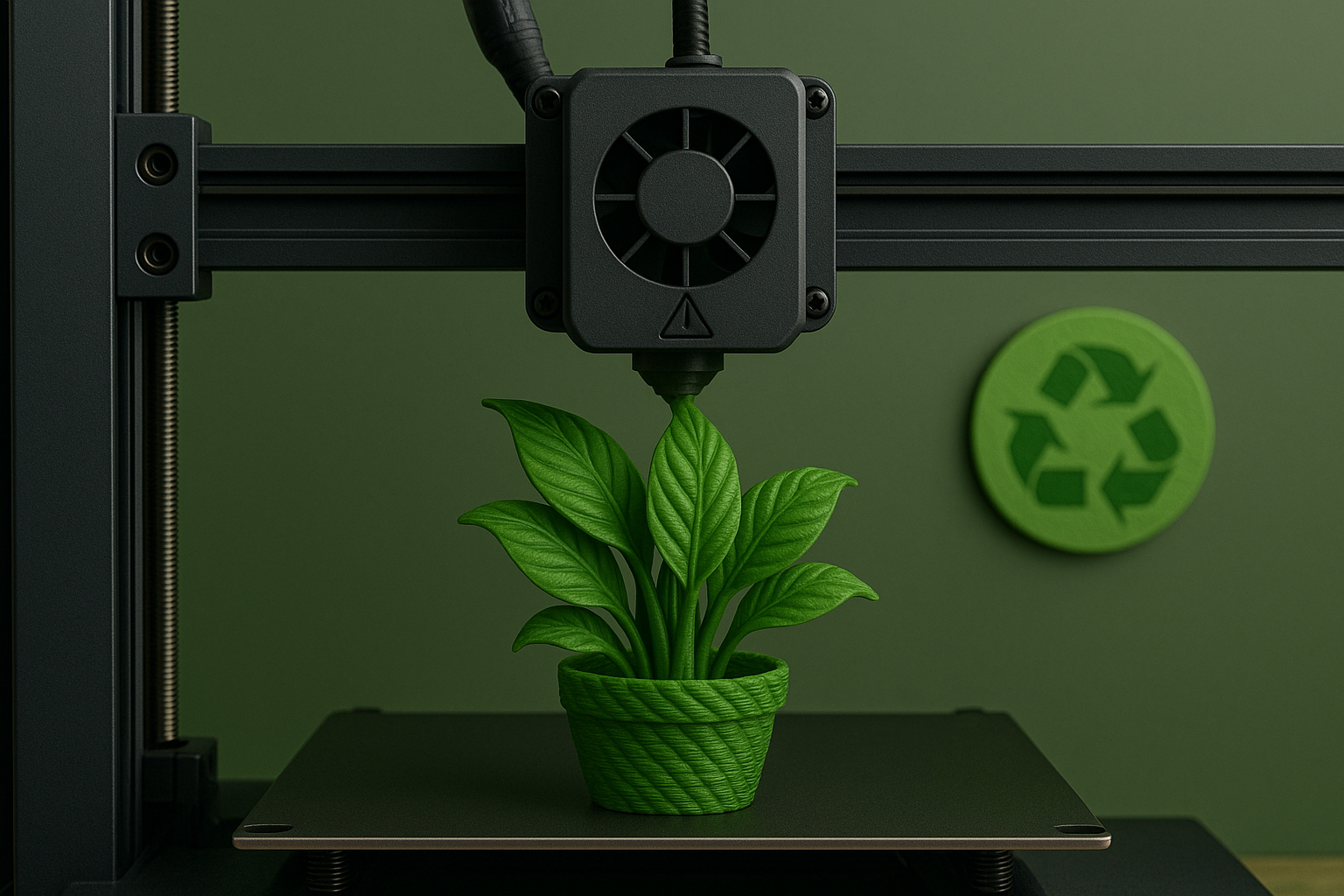 Favism3D: impresión 3D sostenible con filamentos reciclables y bajo consumo energético Impresión 3D de maceta ecológica con filamento reciclable y símbolo de reciclaje